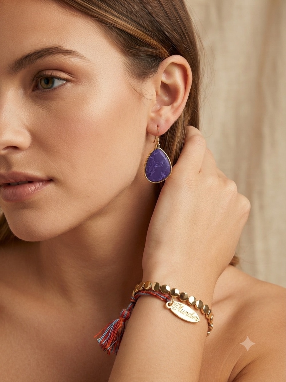 Plunder Lavender Purple Drop Earrings w/Gold Trim and adjustable bracelet